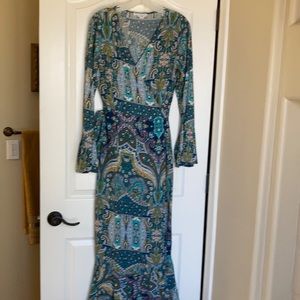 Blue/pink/yellow/white paisley wrap maxi dress.